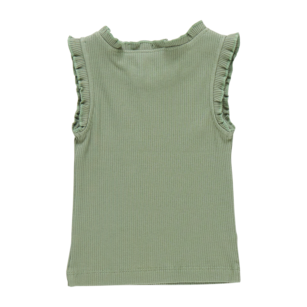 Girls Organic Ruffle Rib Tank - Leaf Green