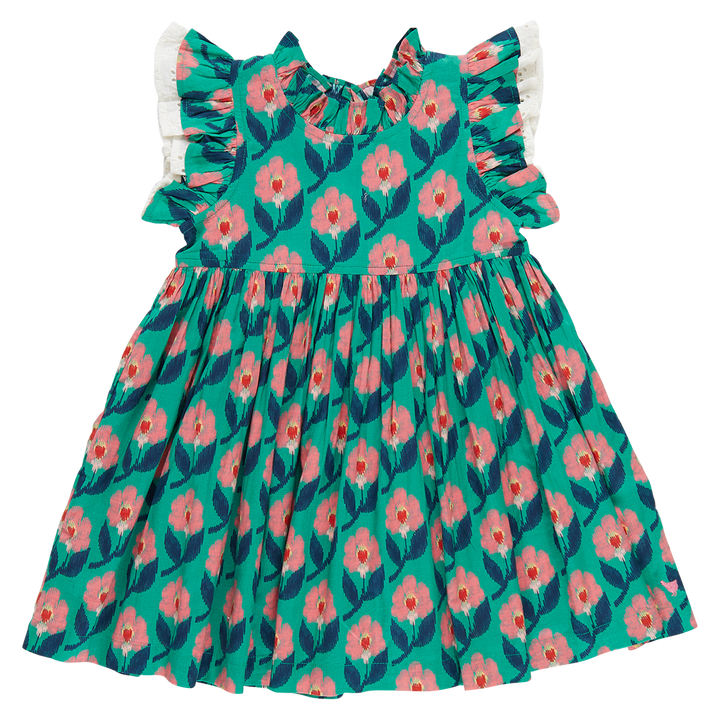 Girls Lelia Dress - Green Ikat Floral