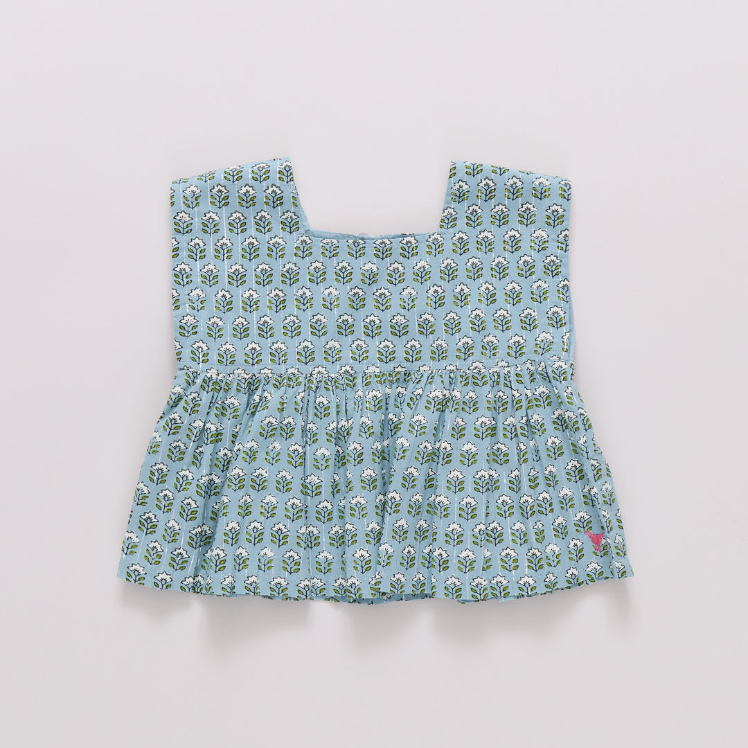 Girls Kamari Top - Blue Prairie Block Print
