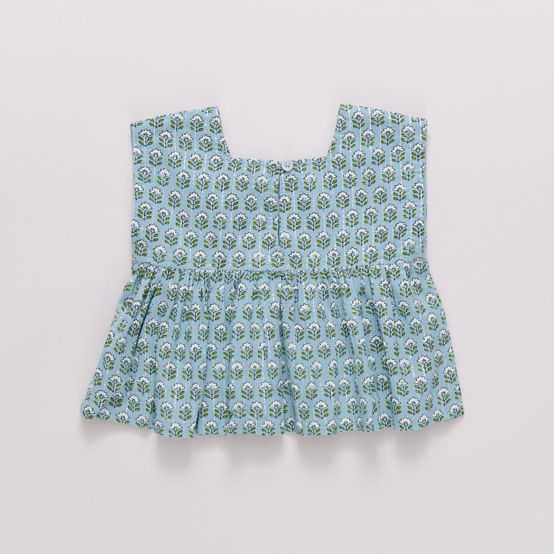 Girls Kamari Top - Blue Prairie Block Print