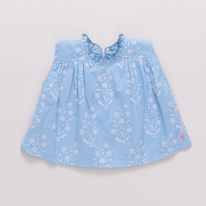 Girls Misha Top - Blue Dewdrop Block Print