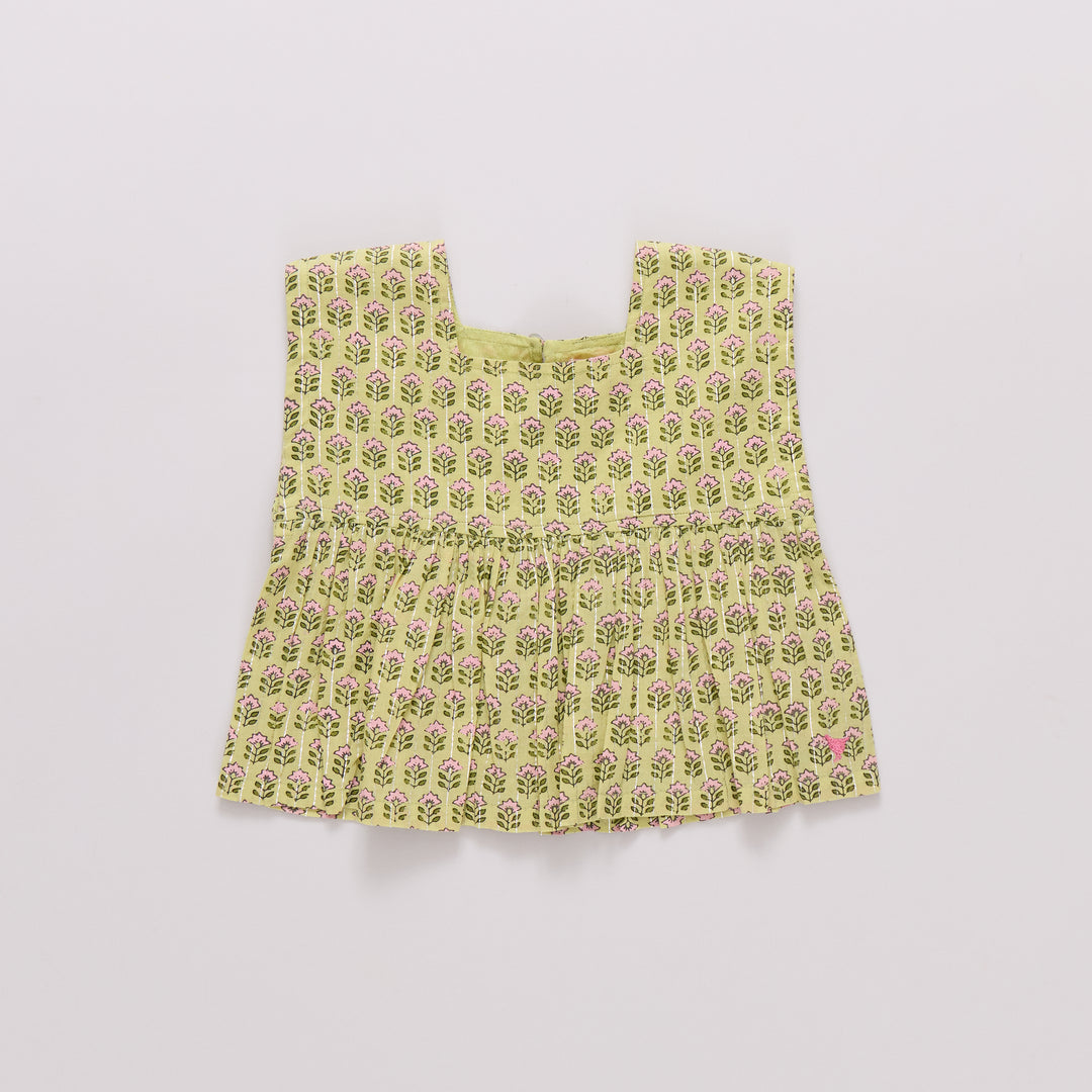 Girls Kamari Top - Green Prairie Block Print