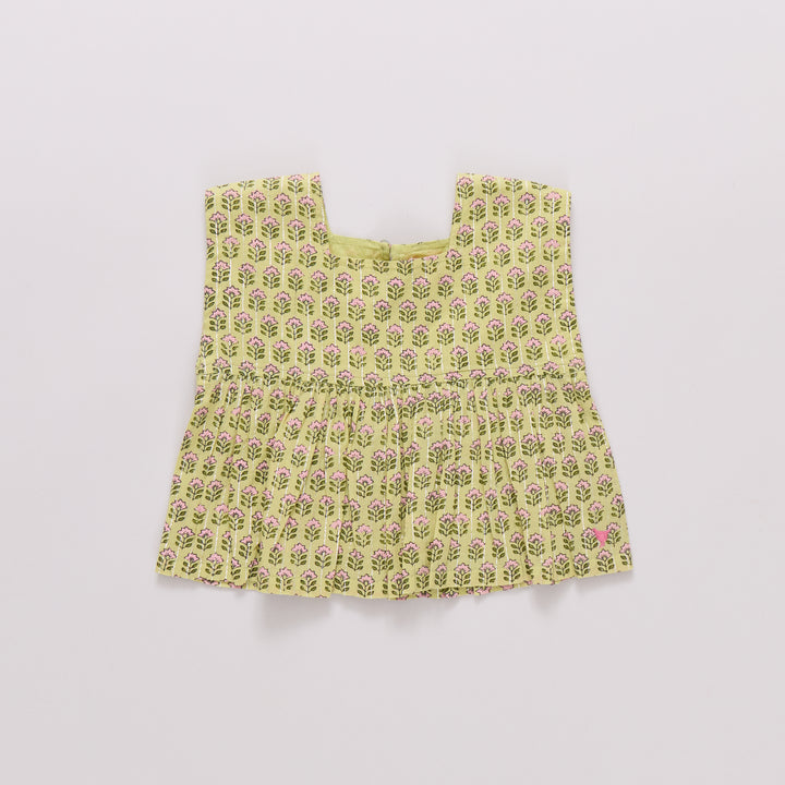 Girls Kamari Top - Green Prairie Block Print