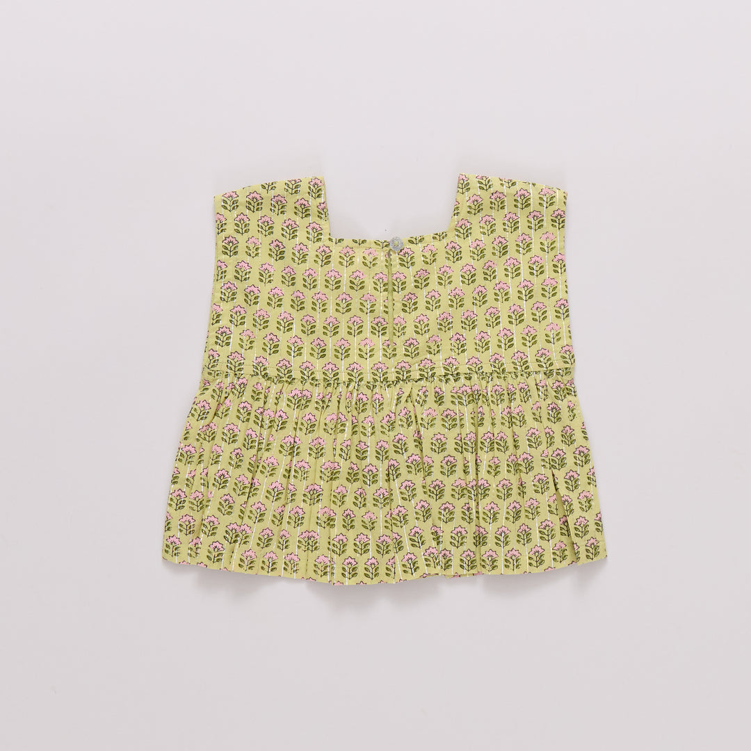 Girls Kamari Top - Green Prairie Block Print