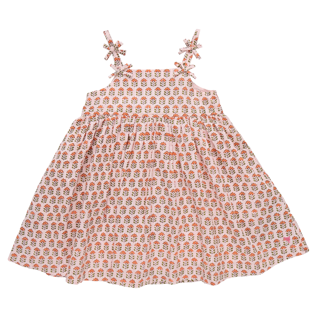 Girls Tia Dress - Pink Prairie Block Print Dress