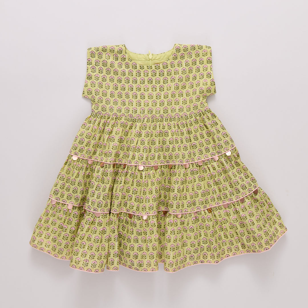 Girls Peachy Dress - Green Prairie Block Print