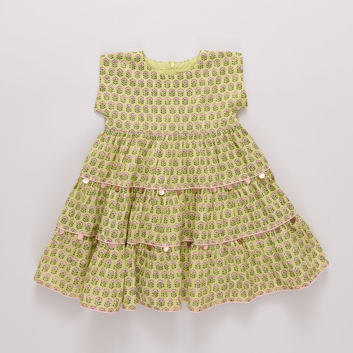 Girls Peachy Dress - Green Prairie Block Print