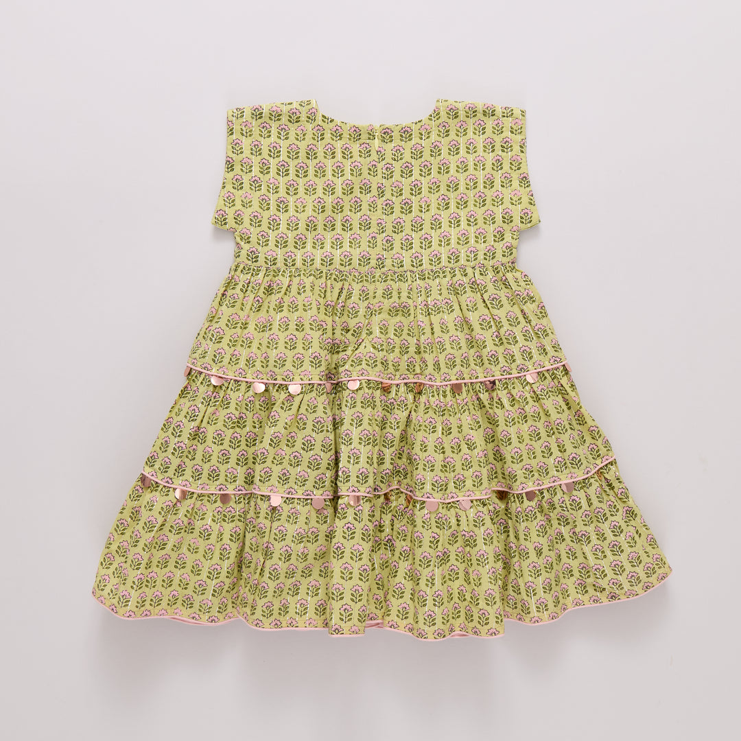 Girls Peachy Dress - Green Prairie Block Print