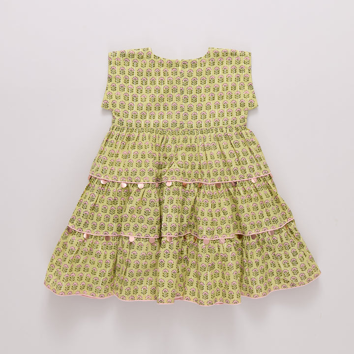 Girls Peachy Dress - Green Prairie Block Print