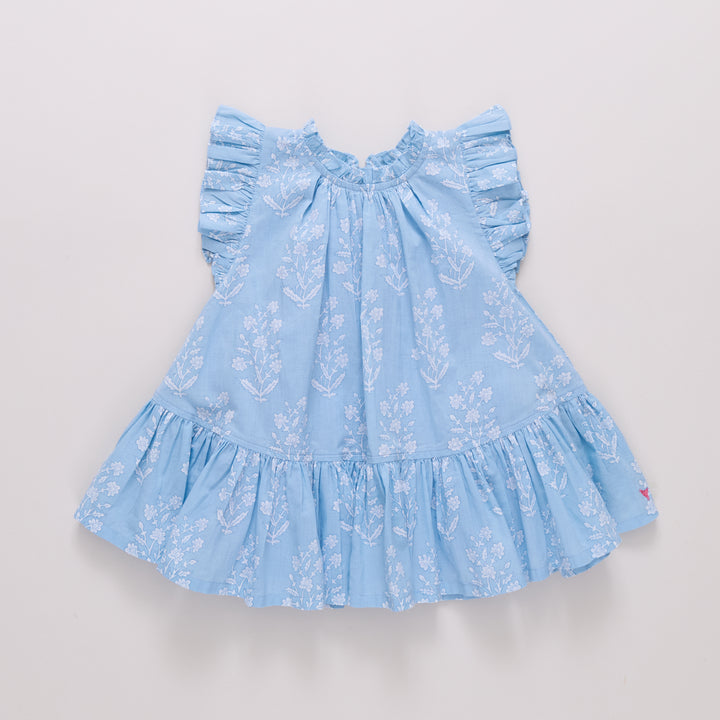 Girls Harper Dress - Blue Dewdrop Block Print
