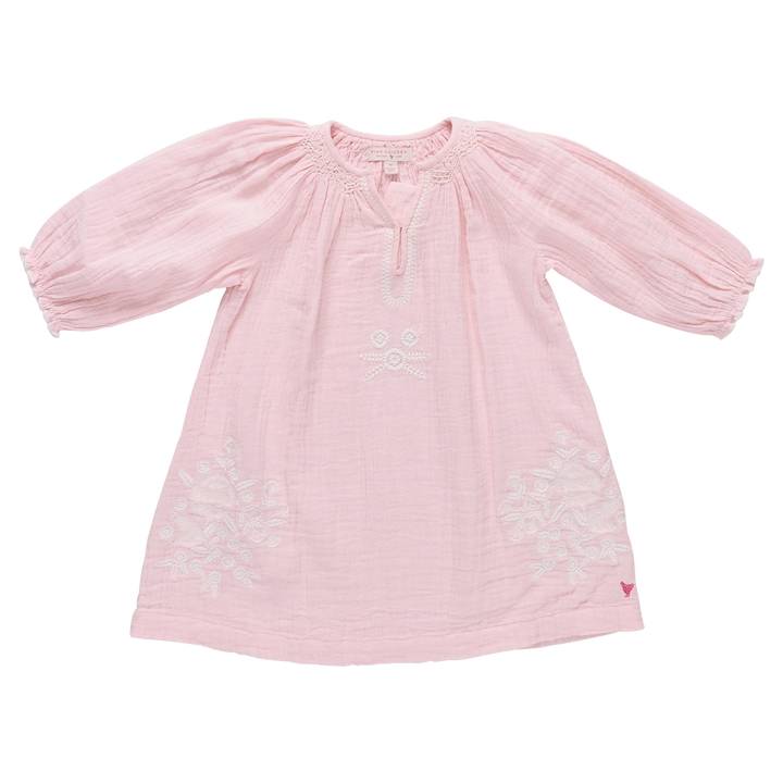 Girls Ava Dress - Pink White Embroidery