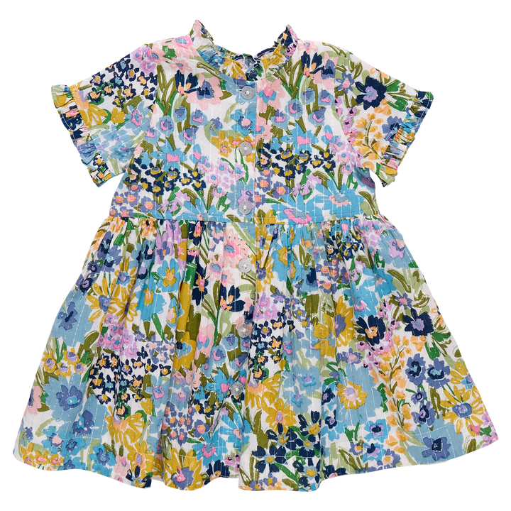 Girls Autumn Dress - Blue Large Sketched Floral