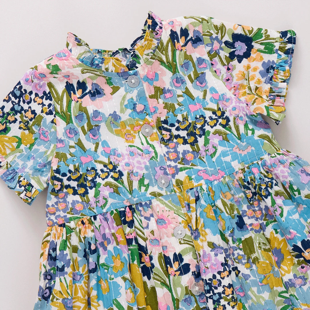 Girls Autumn Dress - Blue Large Sketched Floral