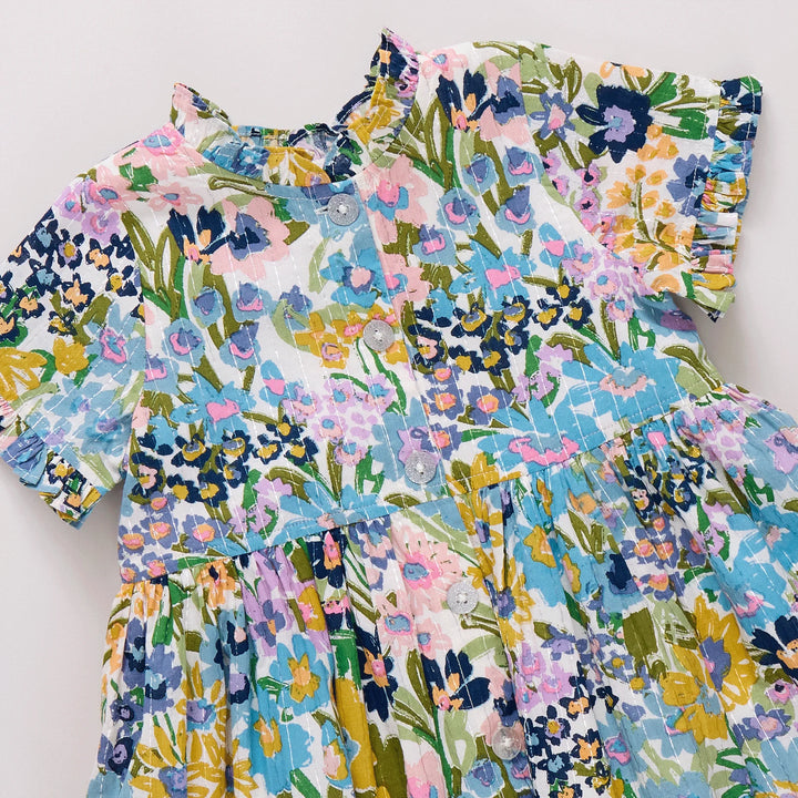 Girls Autumn Dress - Blue Large Sketched Floral