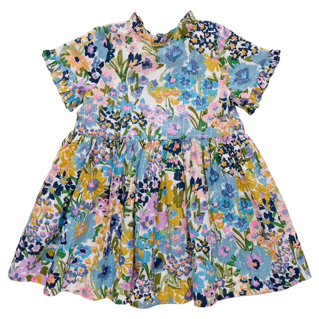 Girls Autumn Dress - Blue Large Sketched Floral