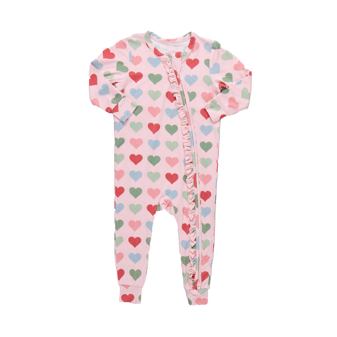 Baby Girls Ruffle Bamboo Romper - Pink Small Hearts
