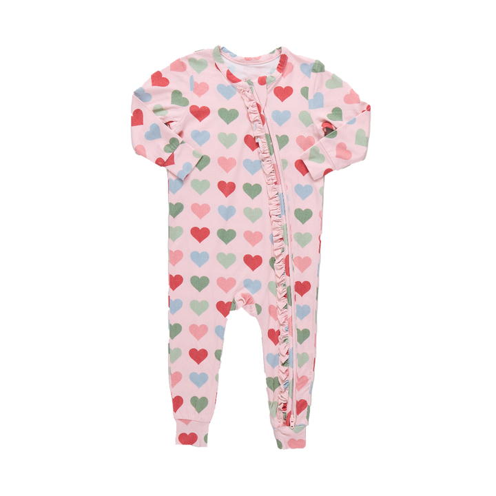 Baby Girls Ruffle Bamboo Romper - Pink Small Hearts