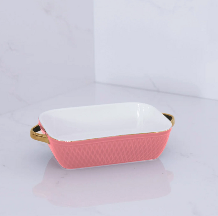 Ceramic Small Rectangular Baker with Gold Handles (Salmon)