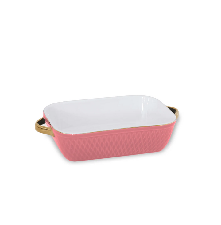 Ceramic Small Rectangular Baker with Gold Handles (Salmon)