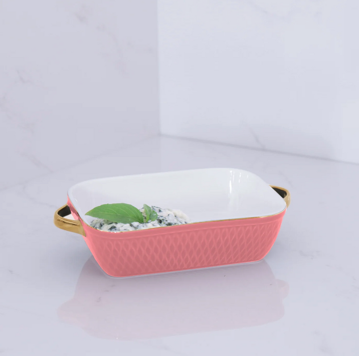 Ceramic Small Rectangular Baker with Gold Handles (Salmon)