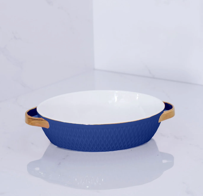 Ceramic Small Oval Baker with Gold Handles (Blue)