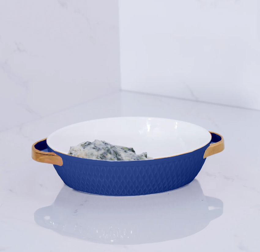 Ceramic Small Oval Baker with Gold Handles (Blue)
