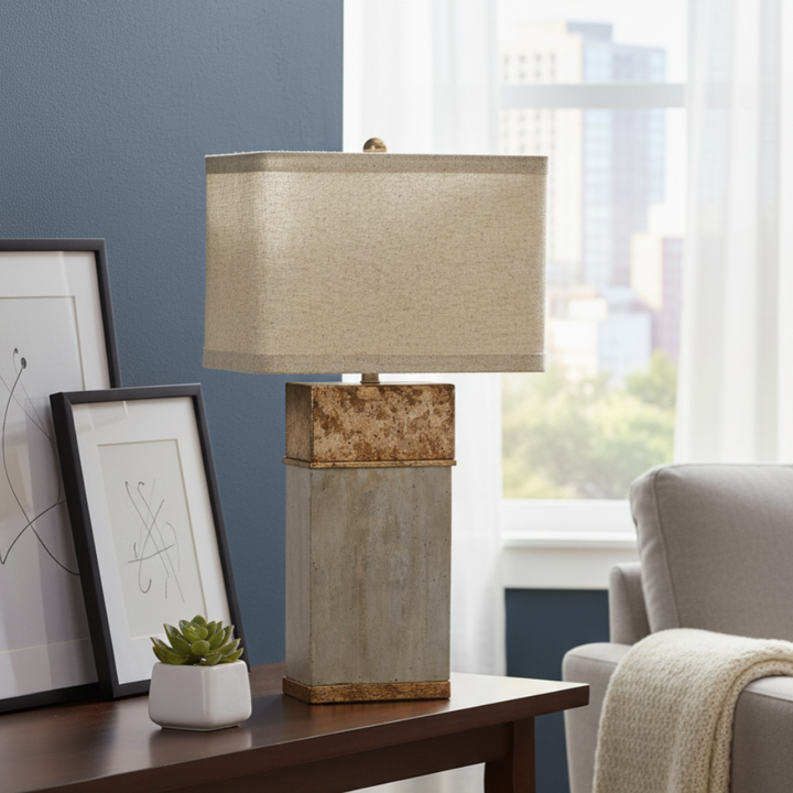 Alan Cement &amp; Antique Gold Finished Square Lamp w/ Linen Shade