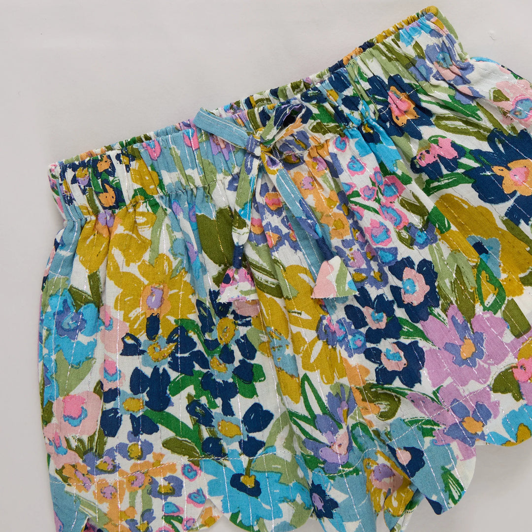Girls Scallop Short - Blue Large Sketched Floral