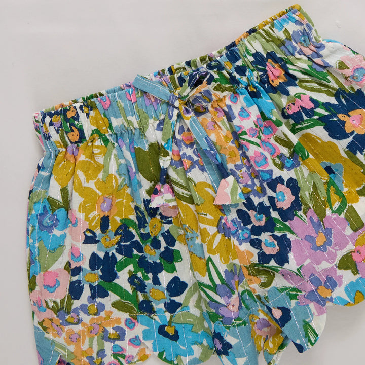 Girls Scallop Short - Blue Large Sketched Floral