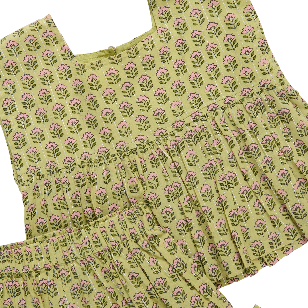 Girls Kamari Top - Green Prairie Block Print