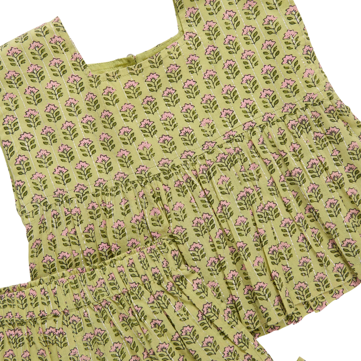 Girls Kamari Top - Green Prairie Block Print