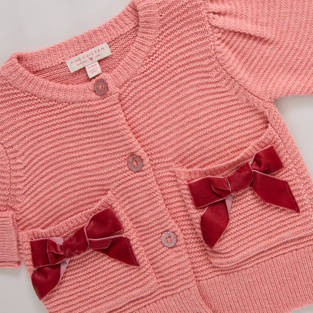 Girls Bow Pocket Sweater - Red Velvet Bows