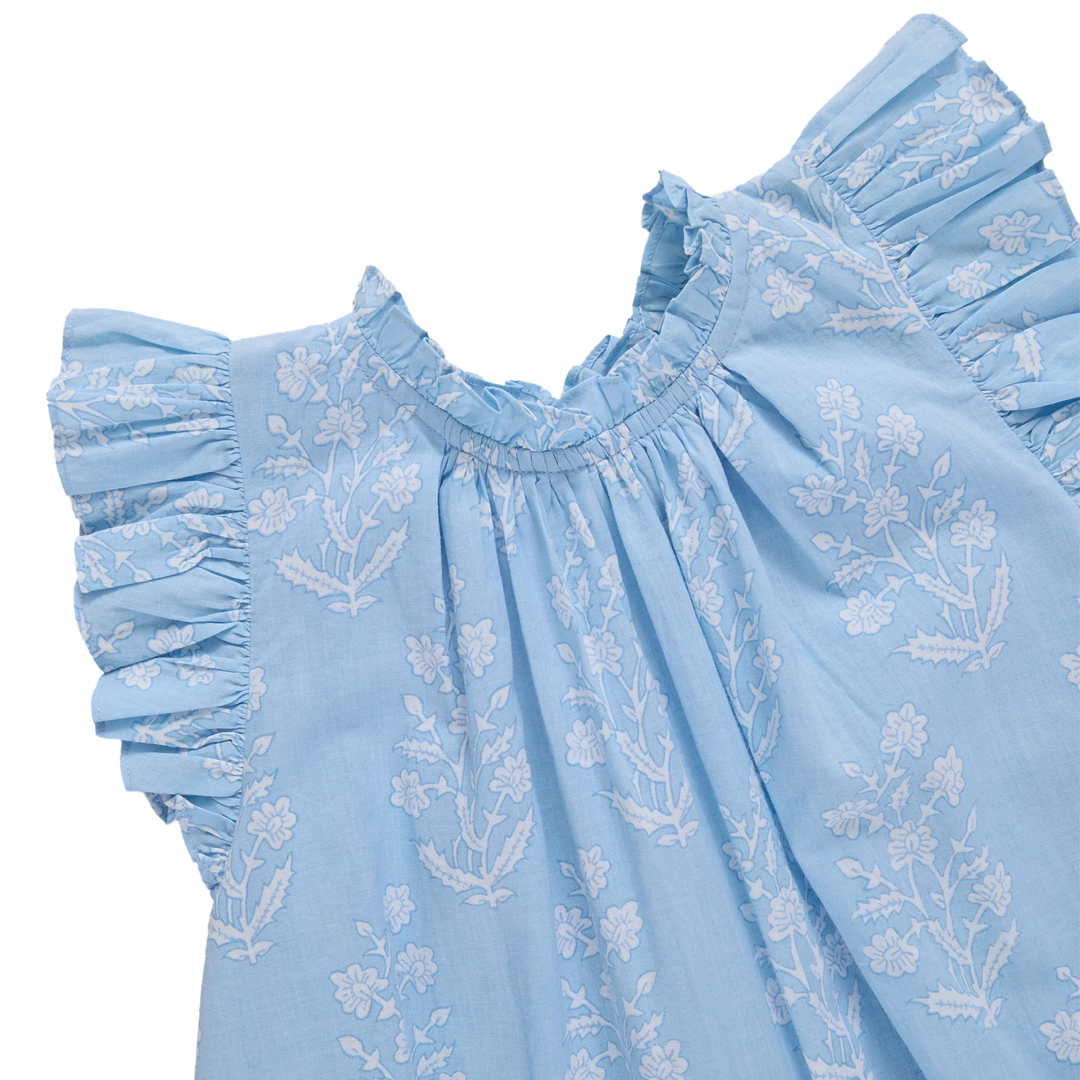 Girls Harper Dress - Blue Dewdrop Block Print