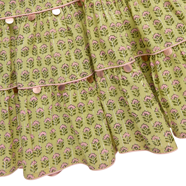 Girls Peachy Dress - Green Prairie Block Print