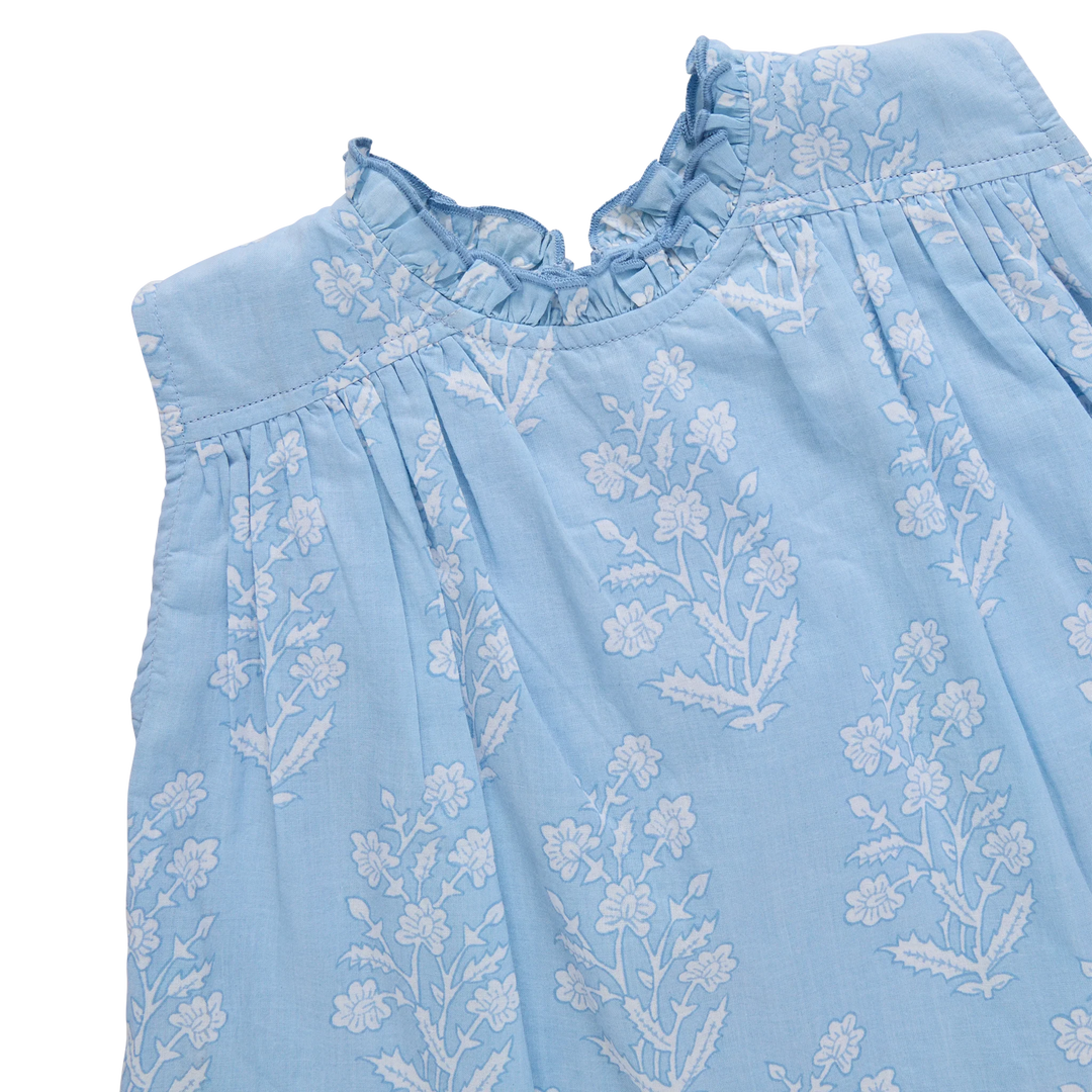 Girls Misha Top - Blue Dewdrop Block Print