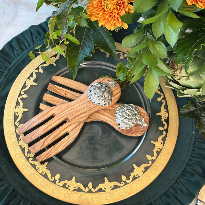 Artichoke Olive Wood Salad Server Set