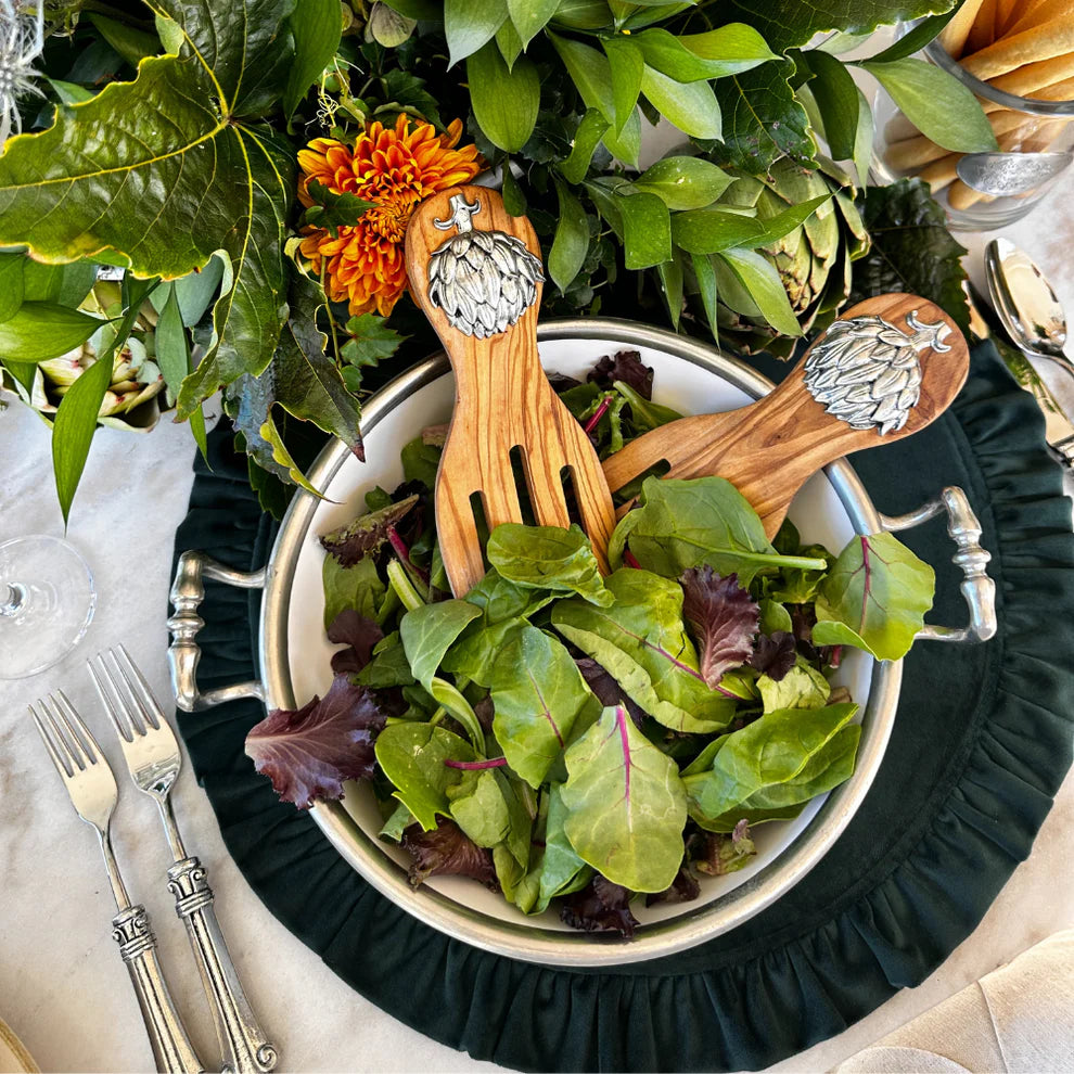 Artichoke Olive Wood Salad Server Set