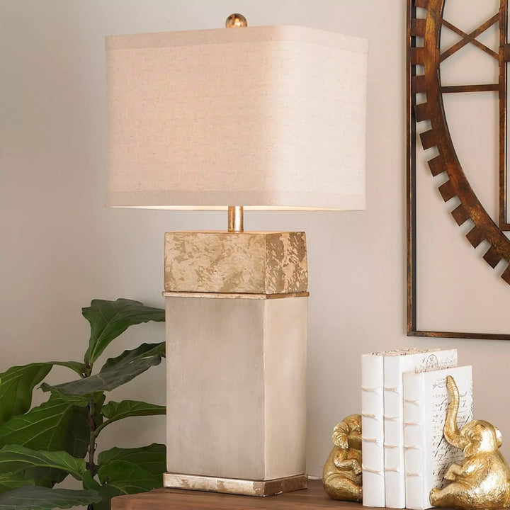 Alan Cement &amp; Antique Gold Finished Square Lamp w/ Linen Shade