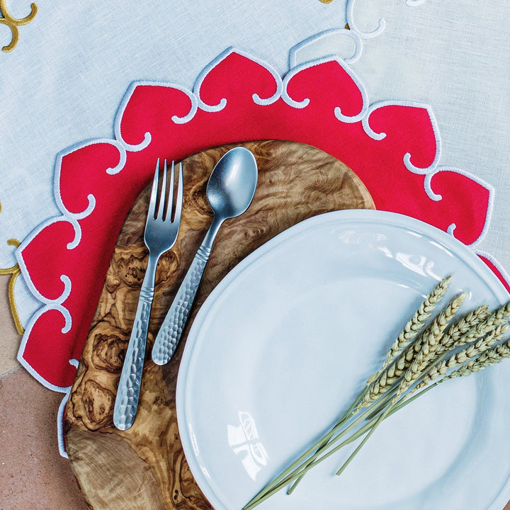 Tessuti Red Round Placemats w/ White Stitching - Set of 4