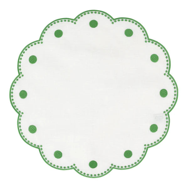 Tessuti White Round Placemats with Sage Green Dots - Set of 4