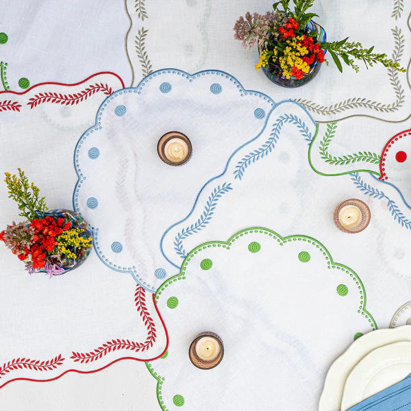 Tessuti White Round Placemats with Sage Green Dots - Set of 4