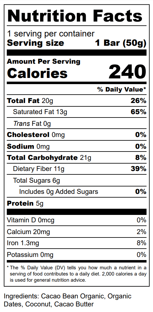 Nutrition Facts for The Conscious Bar Toasted Coconut Flakes date-sweetened dark chocolate