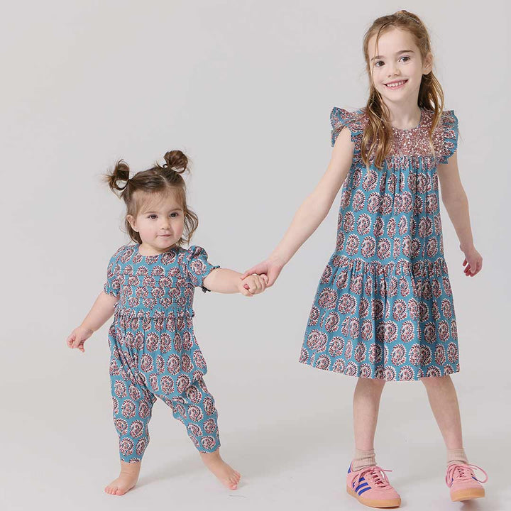 Girls Fiona Ruffle Dress - Blue Paisley