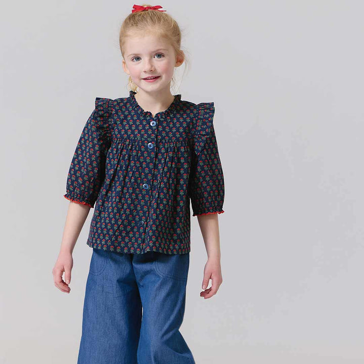 Girls Kalani Button Up Top - Navy Carnation