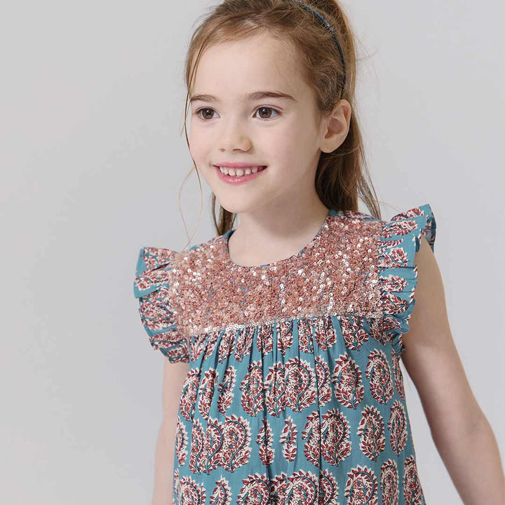Girls Fiona Ruffle Dress - Blue Paisley