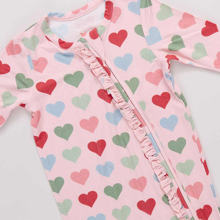 Baby Girls Ruffle Bamboo Romper - Pink Small Hearts