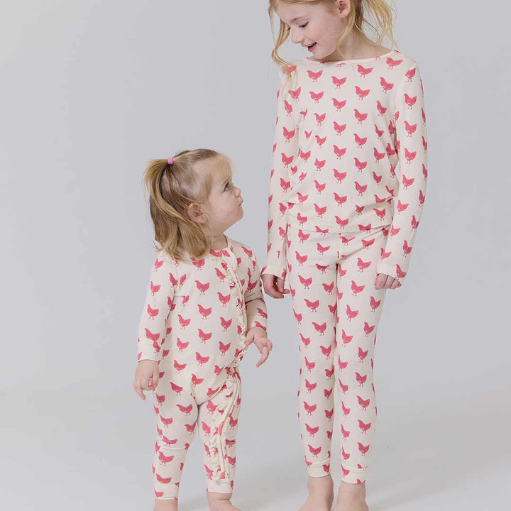 Baby Girls Ruffle Bamboo Romper - Pink Chickens