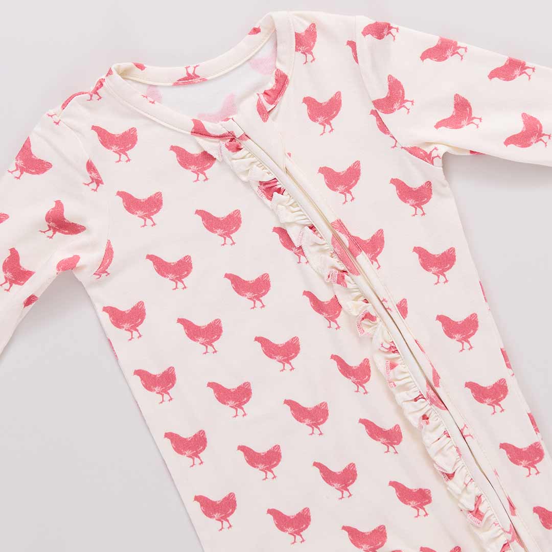 Baby Girls Ruffle Bamboo Romper - Pink Chickens