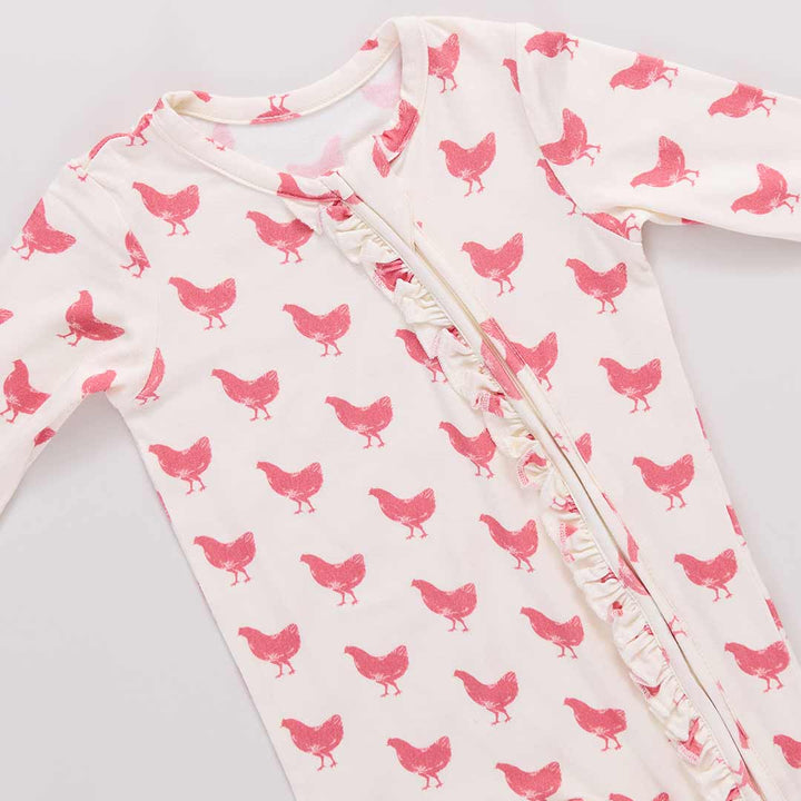 Baby Girls Ruffle Bamboo Romper - Pink Chickens