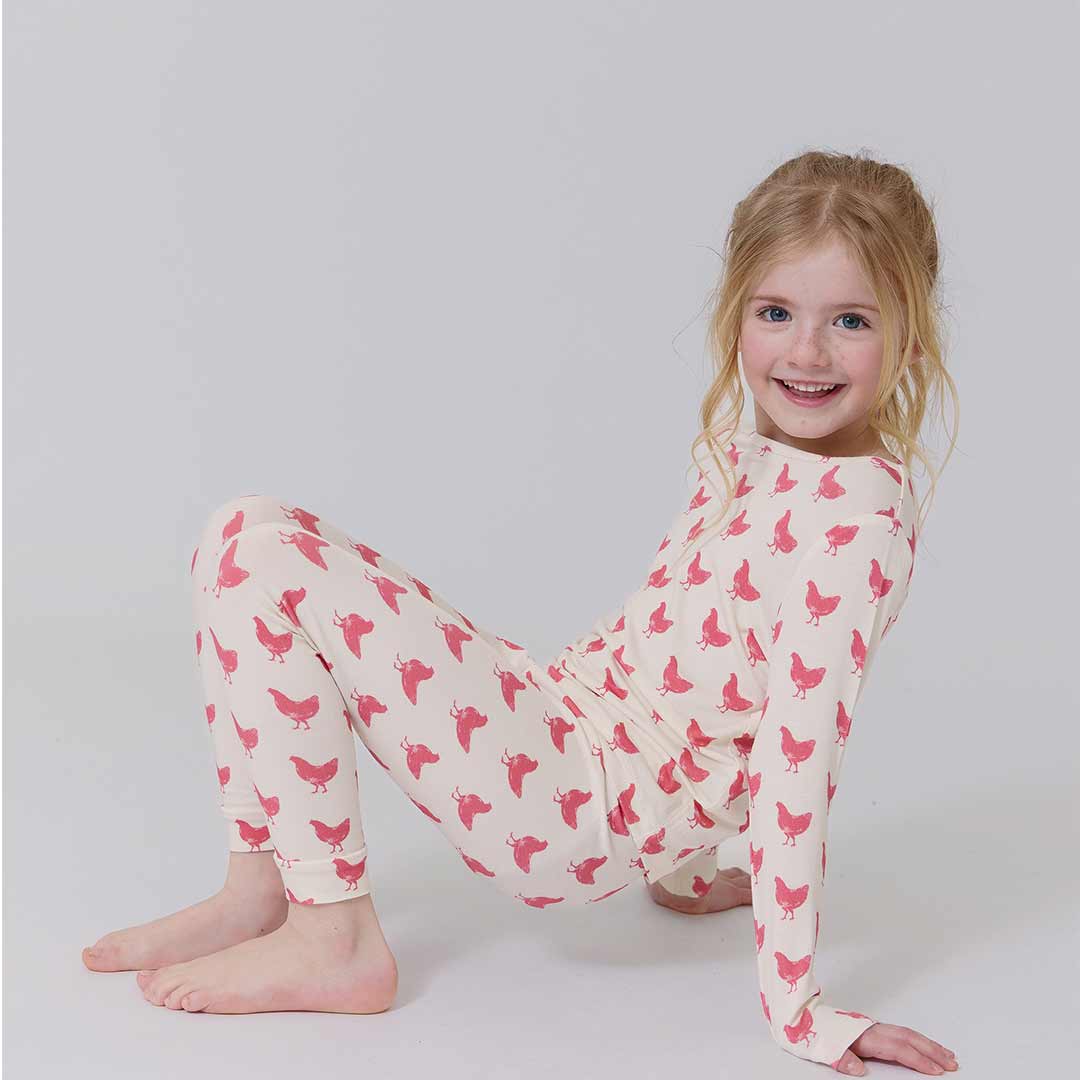 Kids Bamboo PJ Set - Pink Chickens